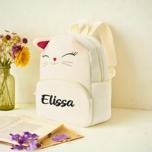 Sac à dos personnalisé en peluche Kitty, sac à dos avec broderie de nom personnalisé, joli cartable souple pour enfant, cadeau de rentrée des classes, bambin filles garçons