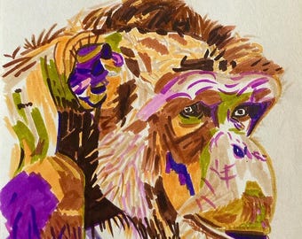 Chimpanzee with polychrome markers. Unique work, handmade