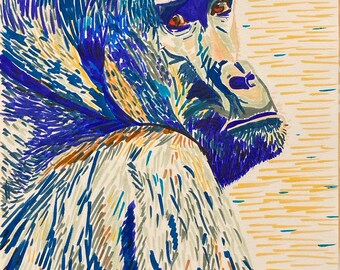Gorilla with polychrome markers, unique work, handmade