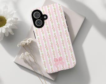 Pink Rose Striped Phone Case: Cottagecore Bow Floral iPhone Google