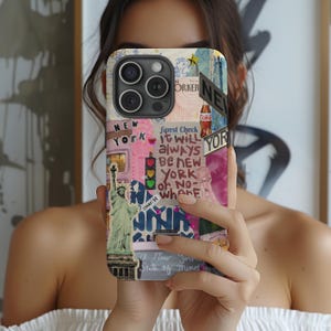 Etui na telefon z kolażem w Nowym Jorku, modne etui na iPhone'a w stylu NYC, etui na sztukę w stylu retro w Nowym Jorku, prezent na podróż do miasta, fajny prezent z NYC dla niej