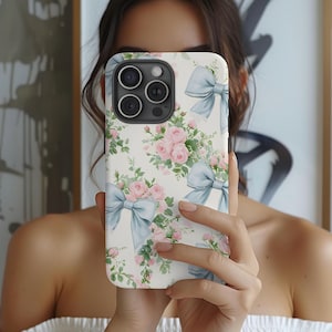 Coquette Phone Case: Blue Bows, Soft Pink Roses, Girly Floral Cover