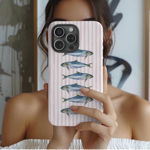 Pink Stripe Watercolor Sardine Phone Case, Fisherman Aesthetic Summer Vibes,  Nautical & Preppy Design Perfect for Beach Lovers