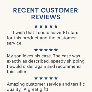 K&ouml;nnte beinhalten: Cremefarbene Grafik mit dem Text "RECENT CUSTOMER REVIEWS" in Dunkelblau. Darunter Kundenrezensionen mit F&uuml;nf-Sterne-Bewertungen, in denen das Produkt und der Kundenservice gelobt werden. Die Bewertungen erw&auml;hnen ein Case und ein tolles Geschenk.