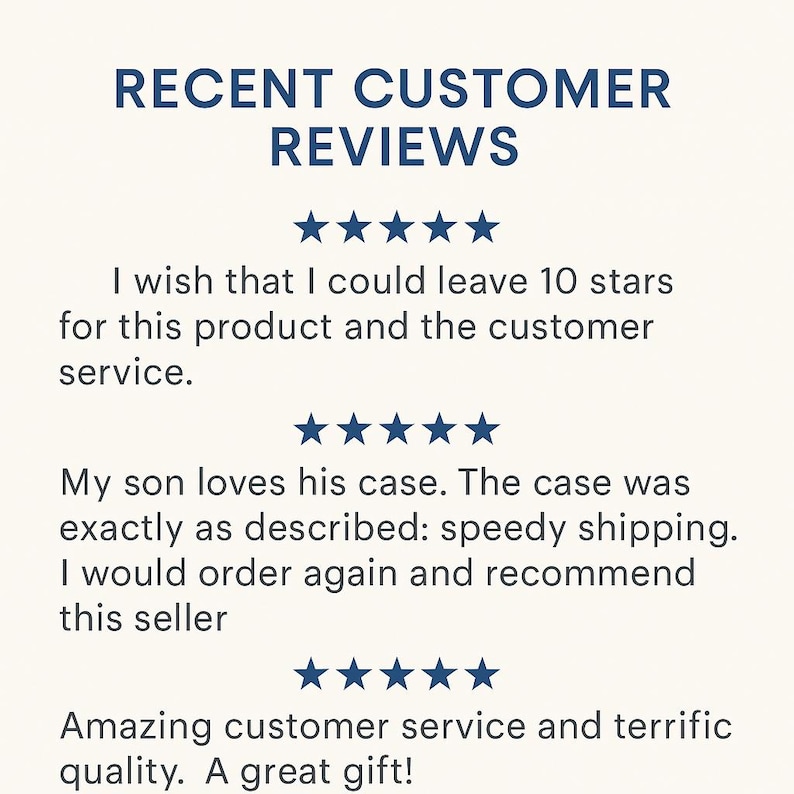 K&ouml;nnte beinhalten: Cremefarbene Grafik mit dem Text "RECENT CUSTOMER REVIEWS" in Dunkelblau. Darunter Kundenrezensionen mit F&uuml;nf-Sterne-Bewertungen, in denen das Produkt und der Kundenservice gelobt werden. Die Bewertungen erw&auml;hnen ein Case und ein tolles Geschenk.