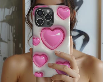 Pink Heart Phone Case, Glossy 3D Effect, Girly