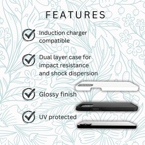 K&ouml;nnte beinhalten: Ein wei&szlig;es und schwarzes Handycase mit dem Wort &bdquo;FEATURES&ldquo; oben. Das Bild hebt Funktionen wie Induktionsladeger&auml;t-Kompatibilit&auml;t, doppellagige Sto&szlig;festigkeit, gl&auml;nzendes Finish und UV-Schutz hervor. Der Hintergrund hat ein Blumenmuster.