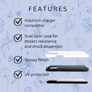 May include: Image of three phone cases: white, black, and a white and black combination. The cases are displayed against a light blue floral background. Text reads "FEATURES" and lists features like "Induction charger compatible" and "UV protected".