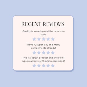 May include: A light blue background with a white rounded rectangle containing the text "RECENT REVIEWS". The text includes customer reviews with star ratings, praising the product's quality and the seller's attentiveness.