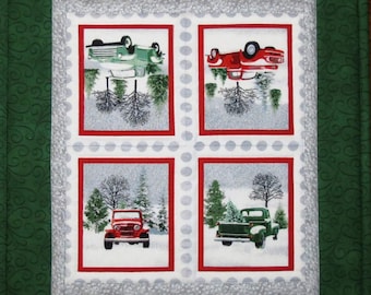 Christmas Table Runner, Vintage Red and Green Trucks
