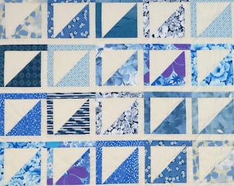 Lap Quilt, Beach Blanket, HST's, Blue Off-White, Upcycled Vintage Sheets, Eco-friendly