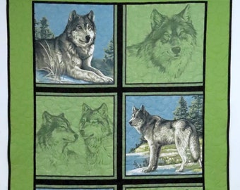 Lap Quilt, Throw, Wolves, Green Blue, Upcycled Vintage Sheets, Eco-friendly