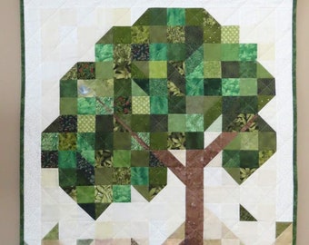 Tree Wall Hanging, Quilted Pieced, Green Leaves, Summer Foliage