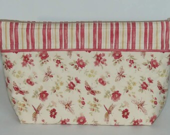 Quilted Fabric Makeup or Cosmetic Bag, Vintage Waverly Flea Market, Cream Sepia with Pink Roses Dragonflies Bees