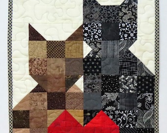 LISTE RÉSERVÉE : patchwork de chats avec coeur, tenture murale matelassée ou dessus de table