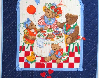 Baby Quilt, Tummy Time Blanket, Floor Mat, Vintage Teddy Bear Picnic Panel