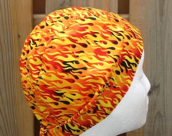 Bikers Skull Cap, Cotton Bandanna, Do Rag, Close Fitting Scrub, Orange Yellow Flames