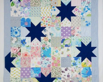 Star Lap Quilt, Upcycled Vintage Sheet Patchwork, Beach Picnic Blanket