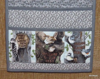 Quilted Armchair or Bedside Caddy, Grey Leaf Print, Birds with Mottos