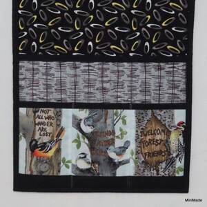 Quilted Armchair or Bedside Caddy, Grey Black, Birds with Mottos