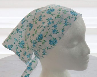 Headband Kerchief, Adult Triangle Head Scarf, Poly-Cotton Bandanna, Blue Green Floral on White