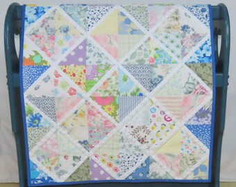Lattice Quilt, Lap or Baby Tummy Time Quilt, Cottage Chic, Upcycled Vintage Sheets, Eco-friendly