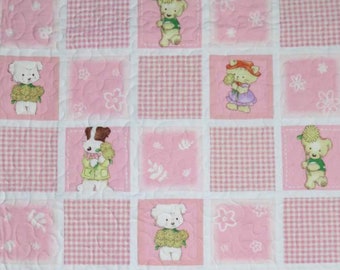 Baby Quilt or Quilted Stroller Blanket from Vintage Prints, Upcycled Sheet, Puppy Kitty Teddy,  Pink White Yellow and Green