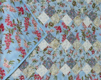Lap Quilt, Baby Quilt, Blue Pink Floral, Birds Butterflies