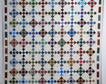 Tiny Nine-patch Reproduction Quilt, Primitive Lap Quilt or Throw, Scrappy