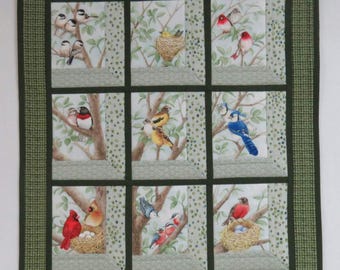 Quilted and Pieced Wall Hanging, Attic Window, Birds in Tree