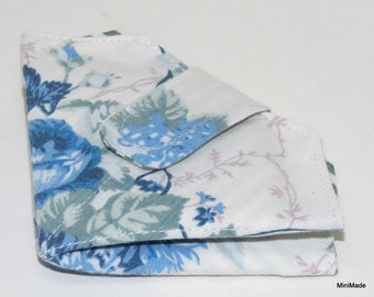 Folded Needle Case, Upcycled Sheets, Blue Floral, Green White Stripe