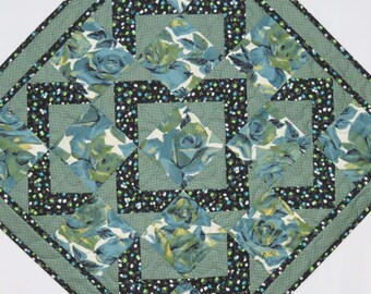 Quilted Pieced Table Topper, Walk About Quilt Pattern, Turquoise Blue Green Black