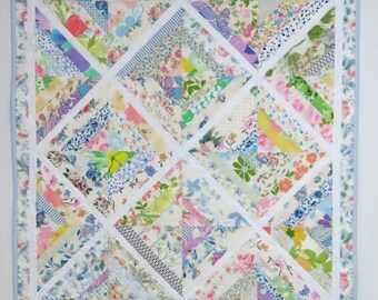 String Quilt, Lap or Baby Tummy Time Quilt, Cottage Chic, Upcycled Vintage Sheets, Eco-friendly