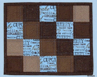 Mug Rug, Snack Mat, Coaster, Pieced Squares, Brown Blue Tan Neutral