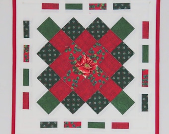 Christmas Table Topper, Quilted Pieced Squares, Christmas Red and Green