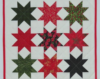 Christmas Table Topper, Wall Hanging, Quilted Pieced, Star Table Mat, Red Green White