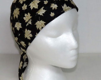 Bikers Skull Cap, Bandana, Do Rag, Black with Beige Maple Leaves