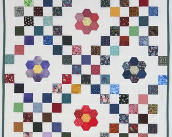 Vintage Fabric Lap Quilt, Scrappy Double Irish Chain, English Paper Pieced Flowers
