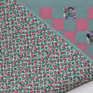 Picnic Blanket, Tummytime Play Mat, Lap Quilt, Throw, Irish Chain, Green Pink Floral image 8