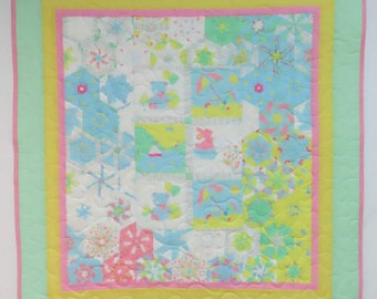 Crib Quilt or Lap Throw, Pieced and Quilted, Pastel, Stack and Whack, One Block Wonder