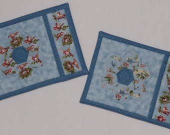 Pair Mug Rugs, Snack Placemats, English Paper Piecing, Blue with Birds