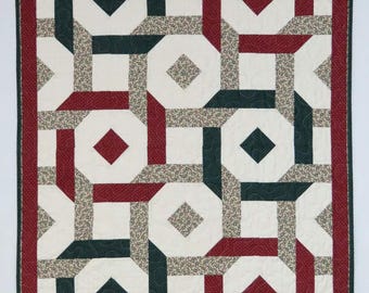 Vintage Fabric Lap Quilt, Forest Green Burgundy Calico Print