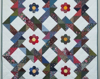Scrappy Lap Quilt, Vintage Fabrics, English Paper Pieced Flowers