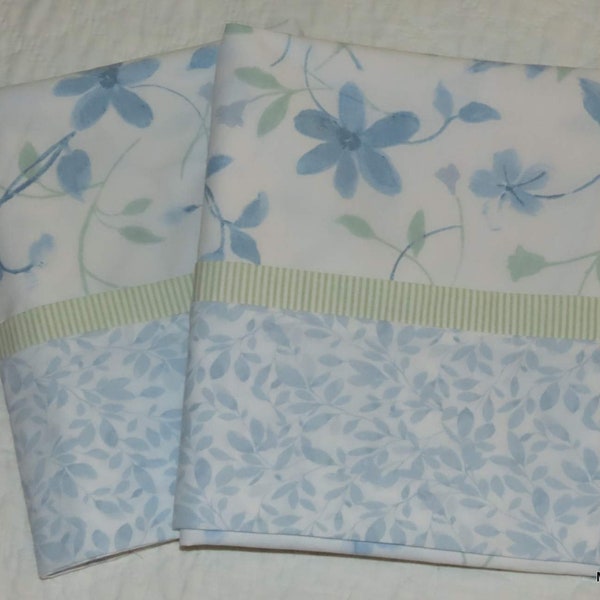 Pillowcase Pair, Blue Flowers with Green, Shabby Chic, Upcycled Sheets