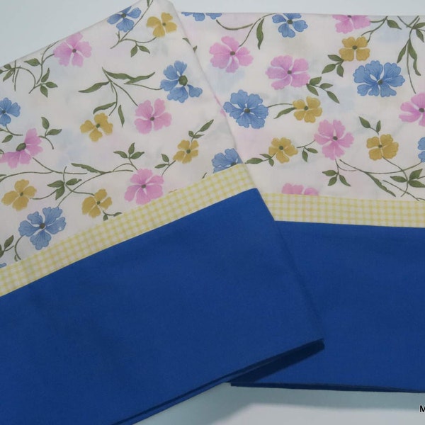 Pillowcase Pair, Blue Pink Yellow Flowers with Green, Shabby Chic, Upcycled Sheets