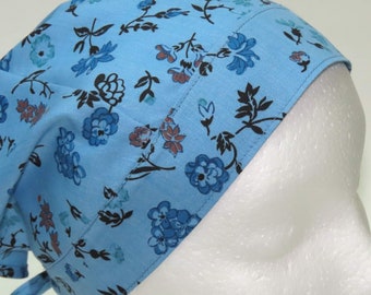 Headband Kerchief, Adult Triangle Head Scarf, Cotton Bandanna, Blue Floral