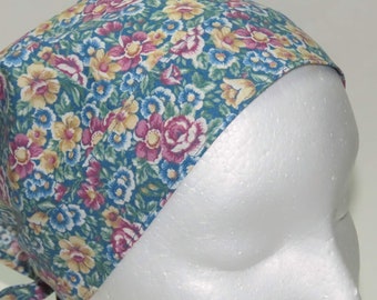 Headband Kerchief, Adult Triangle Head Scarf, Cotton Bandanna, Blue Pink Yellow Floral