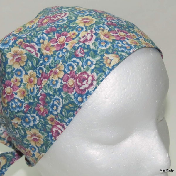 Headband Kerchief, Adult Triangle Head Scarf, Cotton Bandanna, Blue Pink Yellow Floral