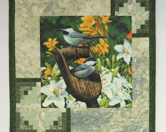 Wall Hanging, Art Quilt, Chickadee, Garden, Spring Summer Decor