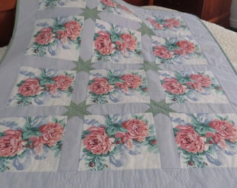 Vintage Floral Baby Quilt – Pink Roses, Green Stars, Handmade Lap Quilt
